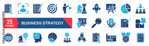 Business strategy set of web icons. A collection of linear icon representing key business concepts, including market analysis, strategy, leadership, innovation, planning.
