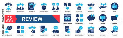 Review icon set. Feedback, testimonial, ratings, comment, like, satisfaction, evaluation, survey, opinion and more. vector icons collection.