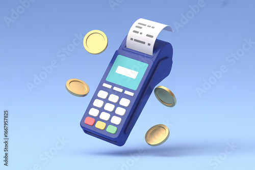 3d rendering of a modern payment terminal with floating coins