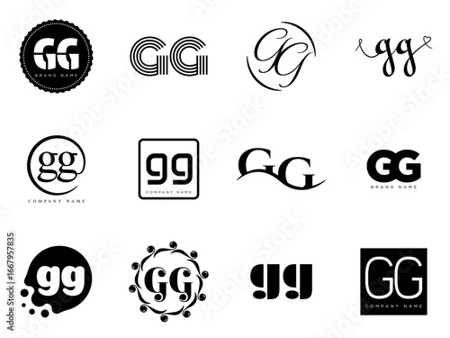 GG logo company template. Letter g and g logotype. Set different classic serif lettering and modern bold text with design elements. Initial font typography.