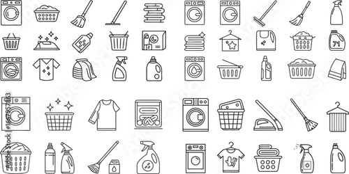 Minimalist Vector Line Icons Set for Home Cleaning and Laundry Care