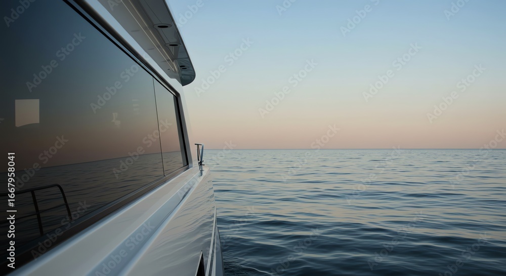 Fototapeta premium Boat side view on calm ocean at sunset