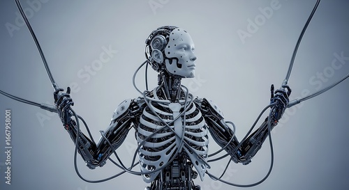Futuristic robot with exposed internal mechanisms