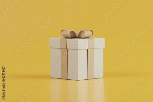 Elegant gift box with subtle stripes and a bow on a yellow background