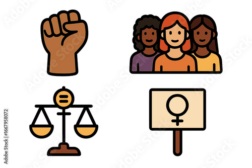 Feminism and racial equality icon set. Raised fist, diverse women, justice scales, protest sign. Concept for social justice, unity, empowerment, women's rights movement.