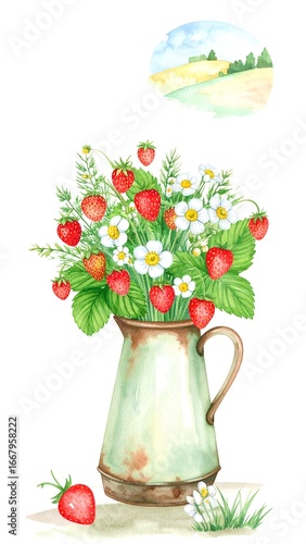 Wallpaper Mural Watercolor bouquet of strawberries and daisies in a pitcher Torontodigital.ca