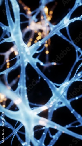 Mesmerizing electric blue neural network with warm amber-yellow pulses against an obsidian void, slow dolly in and orbit, dramatic chiaroscuro lighting, subtle bokeh, concept of advanced artificial