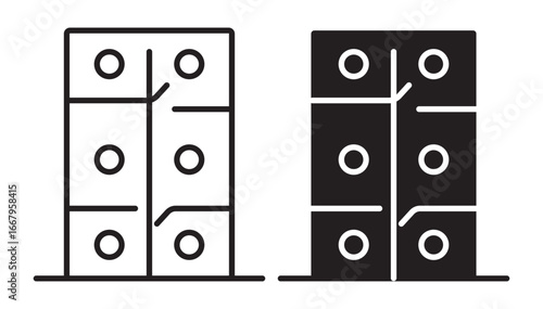 Modern locker cabinet with six compartments, minimalist black outline, geometric design, suitable for office, school
