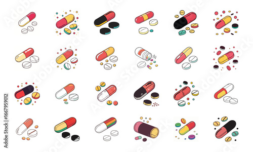 Medical Equipment and Healthcare Vector Icons – Stethoscope, Syringe, Pills, Microscope, MRI Machine, Wheelchair, Thermometer, Crutches, Hospital Bed, Medicine Tools, Colorful Healthcare Clipart Illus