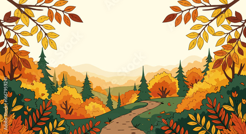 Vibrant autumnal forest landscape illustration with a winding path, colorful trees, and rolling hills, creating a beautiful fall nature background