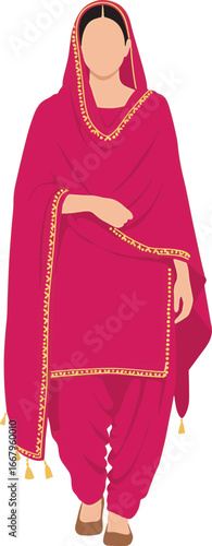 Minimal Flat Punjabi Woman in Magenta Salwar Kameez with Golden Dupatta Isolated on White Background
