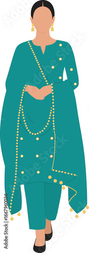 Minimal Flat Punjabi Woman in Turquoise Salwar Kameez with Mirror Work Dupatta Isolated on White Background