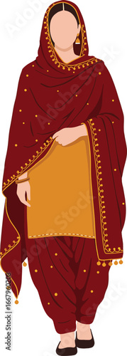 Minimal Flat Punjabi Woman in Yellow Salwar Kameez with Orange Dupatta Isolated on White Background