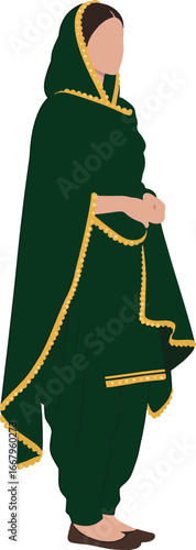 Minimal Flat Punjabi Woman in Green Salwar Kameez with Green Dupatta Isolated on White Background
