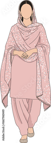 Minimal Flat Punjabi Woman in Pink Salwar Kameez with Dupatta Isolated on White Background