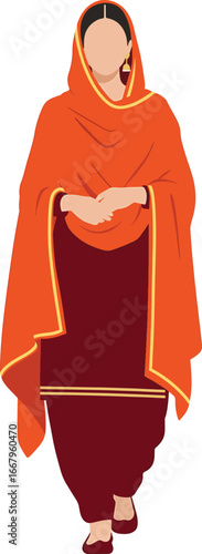 Minimal Flat Punjabi Bride in Red Salwar Kameez with Embroidered Dupatta Isolated on White Background