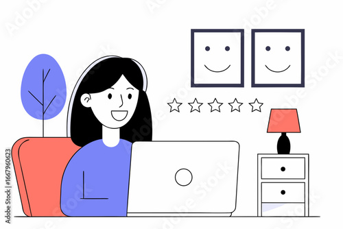 Smiling woman enjoys five-star service using her laptop at home, surrounded by happy art, a modern lamp, and a cozy chair, radiating contentment, a perfect scene for digital lifestyle