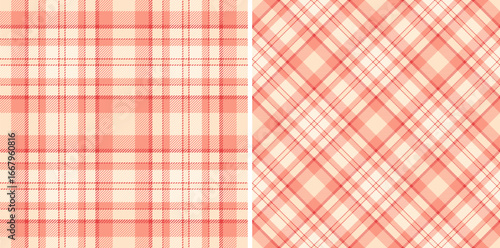 Two variations of a plaid pattern in soft shades of peach and cream. Versatile for backgrounds, textiles, or design elements. Conveys comfort, warmth, and traditional style.