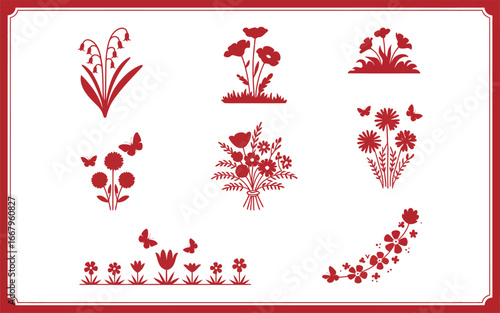 Red silhouette floral designs and butterflies flowers