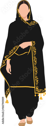 Minimal Flat Punjabi Woman in Black Salwar Kameez with Golden Dupatta Isolated on White Background