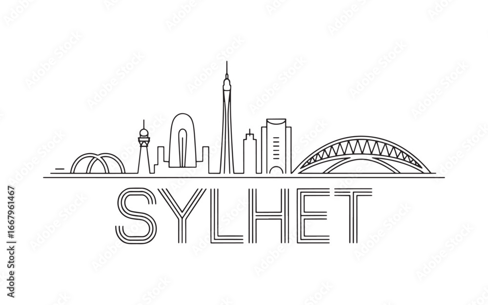 Naklejka premium Sylhet Cityscape Silhouette Graphic Design Showcasing Landmarks and Typography Creating a Minimalist and Modern Representation of the City
