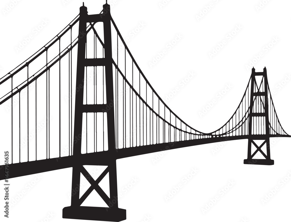 Fototapeta premium Sketch of a suspension bridge with towers and cables isolated on white background