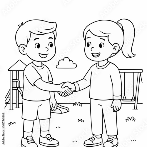 Coloring page for kids - Children shaking hands in playground during sunny day - outline, clean lines, no shading, vector on white 