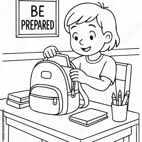 Coloring page for kids - Young child smiling while packing backpack at desk in classroom - outline, clean lines, no shading, vector on white  