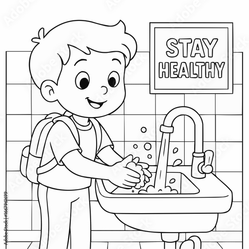 Coloring page for kids - Young boy washing hands at sink with health message in classroom -  outline, clean lines, no shading, vector on white 