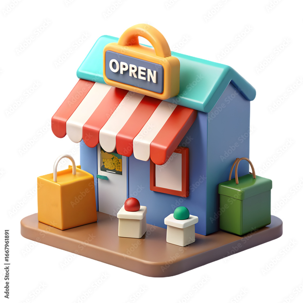 Fototapeta premium Cute 3D Rendering of a Small Business Shop with Open Sign and Shopping Bags