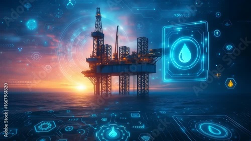 Offshore oil rig with digital water and energy icons, showcasing oil and gas extraction, technology, and data-driven operations in the energy industry