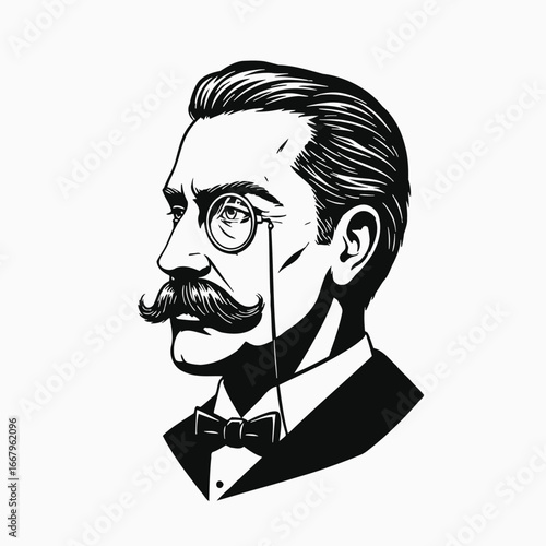 Vintage Gentleman Portrait with Monocle and Mustache.