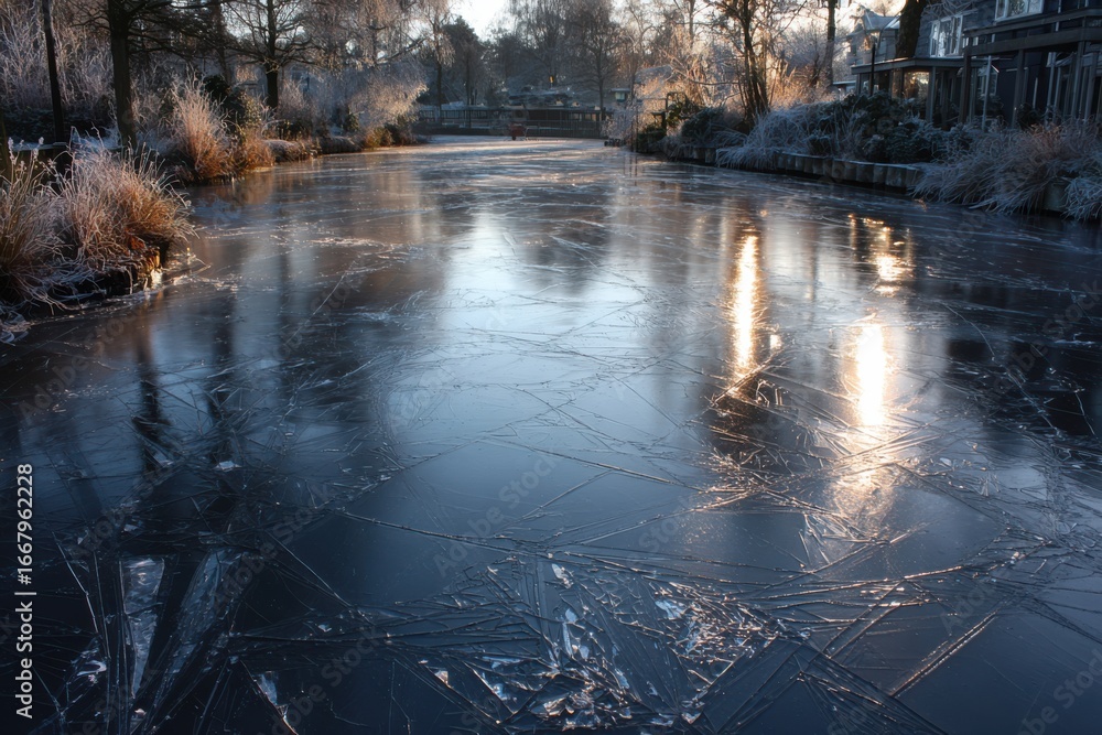Fototapeta premium A frozen canal reflecting the sunlight with trees and buildings alongside the water in wintertime