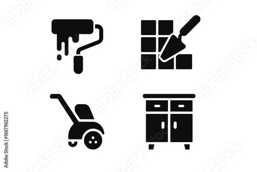 Home renovation solid icon set. Vector glyphs for DIY tasks like wall painting, tile laying, floor sanding, and cabinet assembly. Remodeling, repair, and improvement symbols.