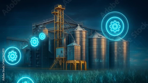 Silos in an industrial agricultural setting, with digital gears and technology icons symbolizing automation and efficient grain storage management