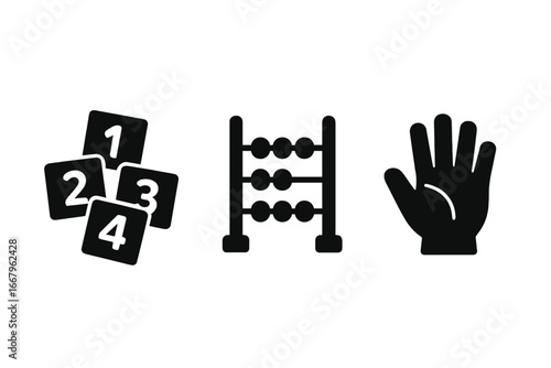 Math learning icon set. Solid vector icons of number cards, abacus, and hand. Concept for preschool, kindergarten, numeracy, early education, child development, and basic math.