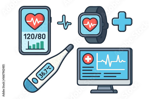 Digital health technology icon set. Medical tools for monitoring vital signs, heartbeat, blood pressure. Telemedicine concept with EKG, smartwatch, phone, thermometer vector.