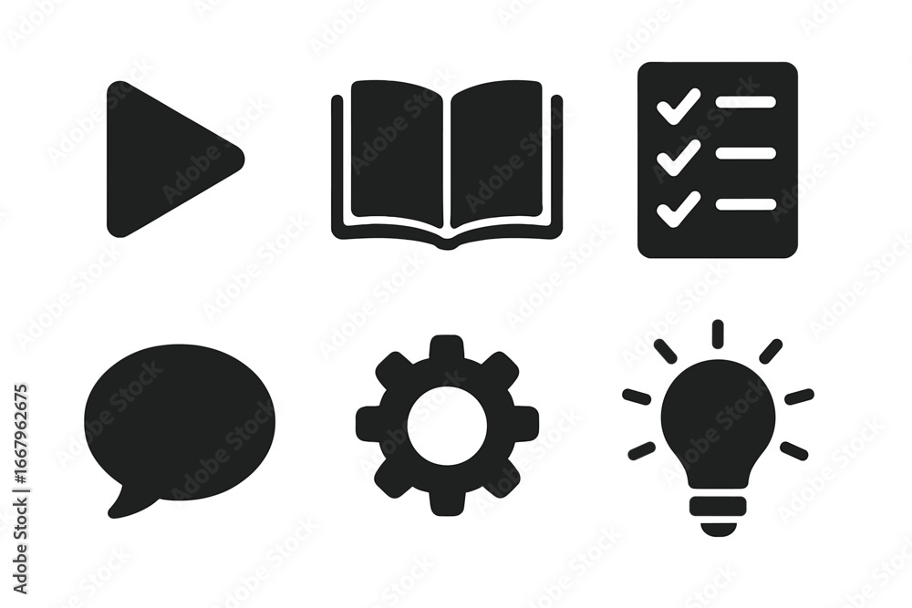 How-to and tutorial solid glyph icon collection. Set of vector symbols for user guide, instruction manual, knowledge, and e-learning. Includes play, book, checklist, gear, idea.