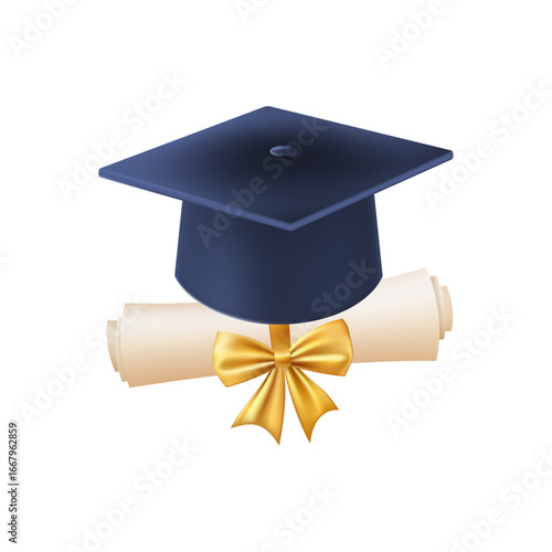 3d diploma scroll with graduate hat. Vintage roll paper