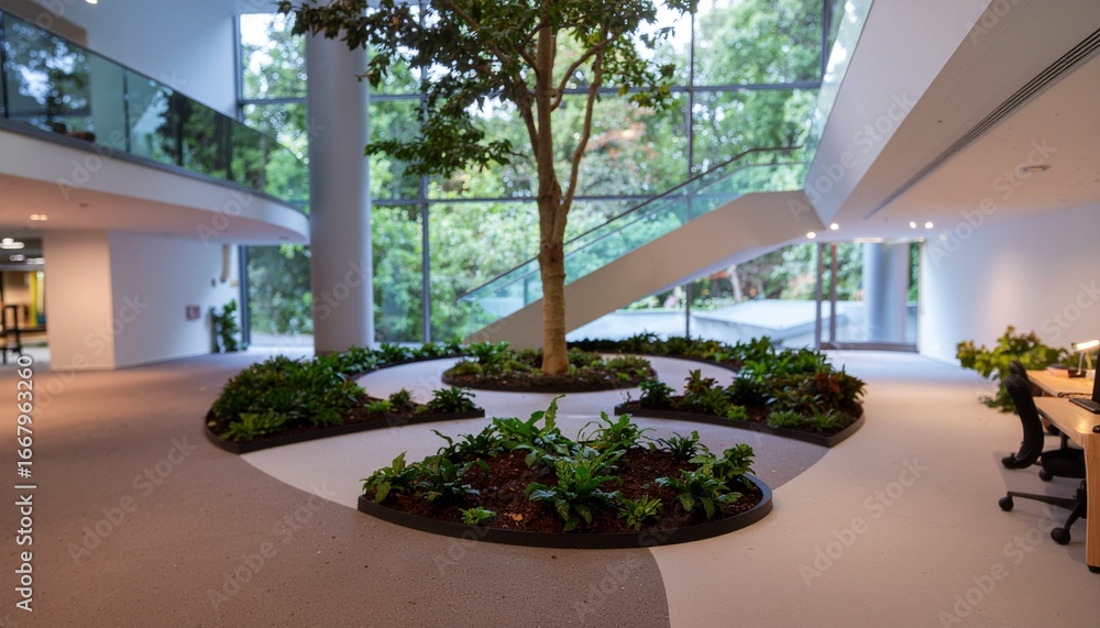 Fototapeta premium Modern workspace interior featuring indoor landscaping, circular pathways, tree growing in the center, elegant staircase, panoramic glass walls, and tranquil green environment