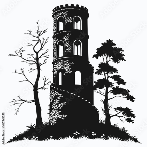 Ancient tower with ivy silhouette