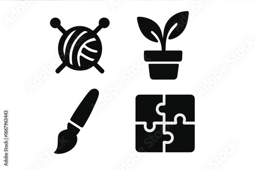 Hobby and leisure activities solid glyph icon set. Creative pastime concept. Knitting, gardening, painting and jigsaw puzzle symbols. Home activity and craft vector collection.