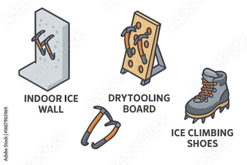 Ice climbing training icon set. Isometric vector illustration of winter sport & mountaineering equipment. Indoor ice wall, drytooling board, ice axe, climbing shoe crampons.