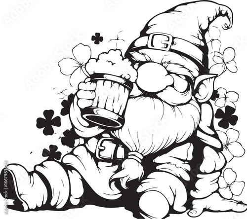 Gnome Raising a Beer: A whimsical illustration depicts a jolly gnome, merrily holding a foaming beer stein, adorned with floral embellishments.
