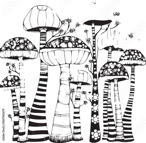 Whimsical Mushroom Patch: A collection of imaginative, intricately detailed mushrooms illustrated in black and white, creating a fanciful forest scene.
