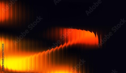 Abstract background of glowing orange waves in the dark with stripes effect. Refraction of wavy striped glass.