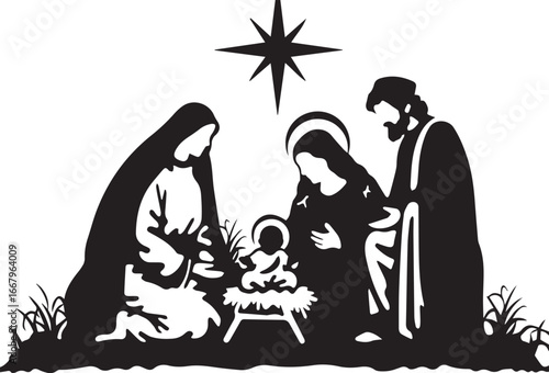 Nativity Silhouette: A poignant illustration of the nativity scene, featuring the holy family under the guiding star, creating a symbol of faith and hope.