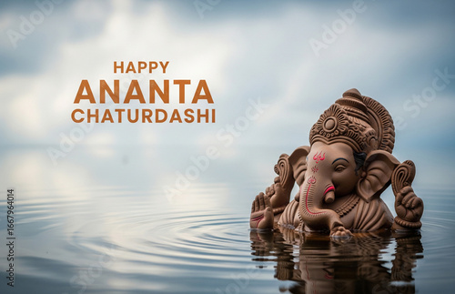 Photorealistic poster of a clay Ganesha idol half-submerged in water, bold clean text ‘Happy Ananta Chaturdashi’