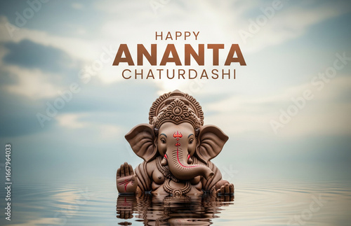 Photorealistic poster of a clay Ganesha idol half-submerged in water, bold clean text ‘Happy Ananta Chaturdashi’