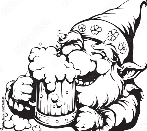 Whimsical Gnome with Beer: A jovial gnome, rendered in bold black and white lines, revels in the simple pleasure of a frothy mug of beer.